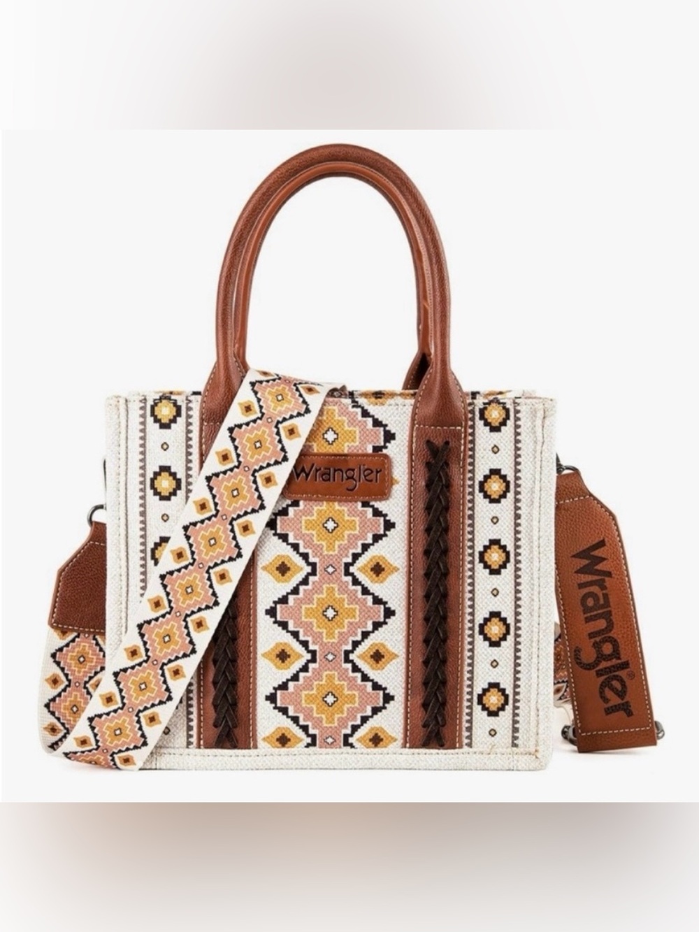Wrangler Canvas Tote with Aztec Pattern in Brown & Cream